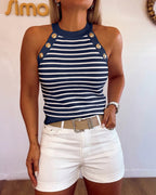Striped Halter Knit Tank with Contrast Binding