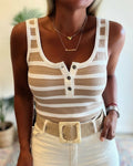 Striped Henley Knit Tank with U Neck and Open Back - Khaki