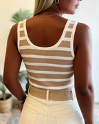 Striped Henley Knit Tank with U Neck and Open Back - Khaki