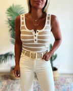 Striped Henley Knit Tank with U Neck and Open Back - Khaki