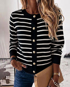 Striped Knit Cardigan with Crewneck and Button Front - Black