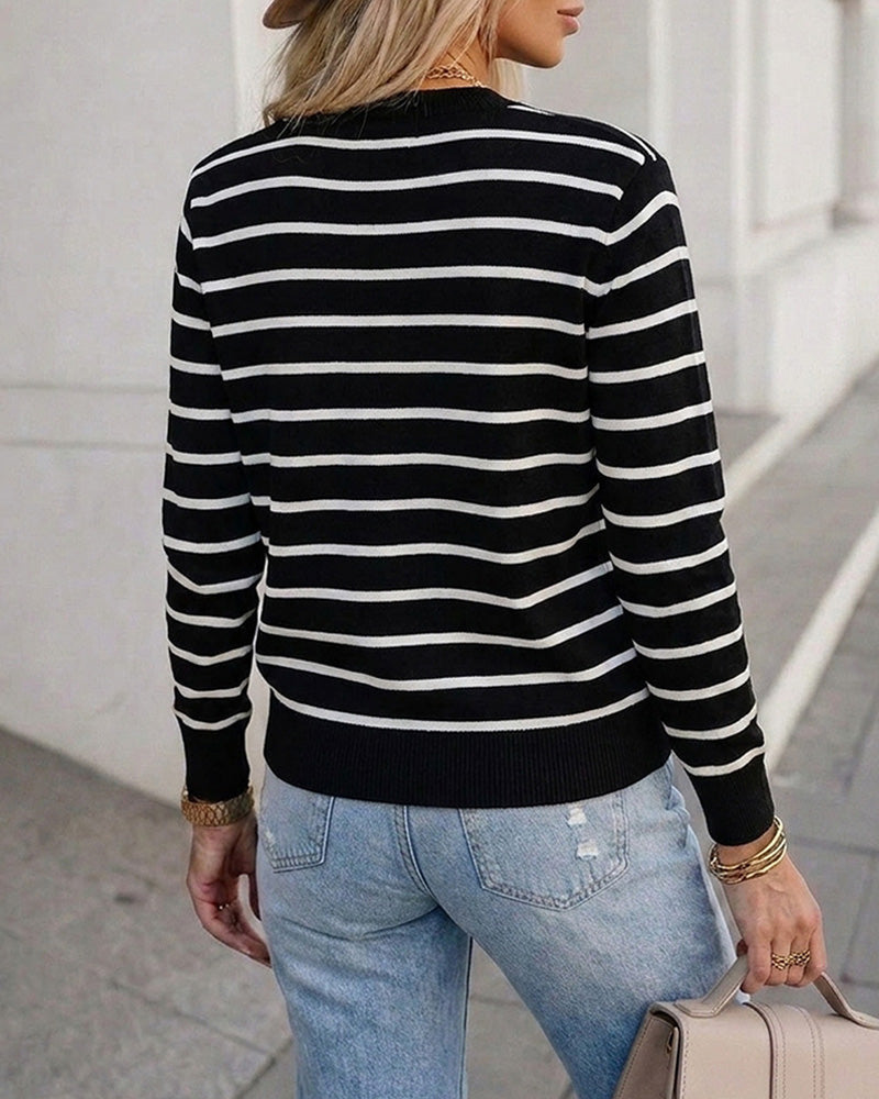 Striped Knit Cardigan with Crewneck and Button Front