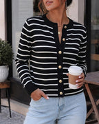 Striped Knit Cardigan with Crewneck and Button Front