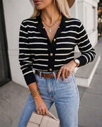 Striped Knit Cardigan with Crewneck and Button Front