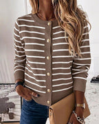 Striped Knit Cardigan with Crewneck and Button Front - Khaki