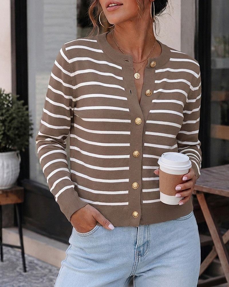 Striped Knit Cardigan with Crewneck and Button Front