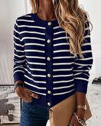 Striped Knit Cardigan with Crewneck and Button Front - Purple Blue