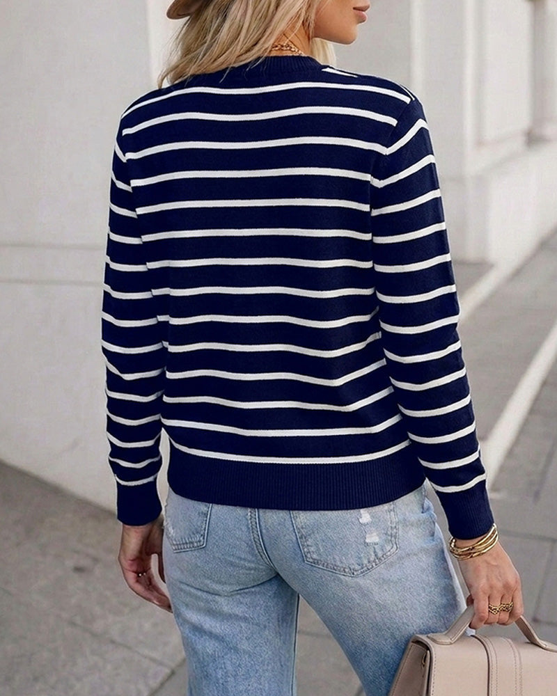 Striped Knit Cardigan with Crewneck and Button Front