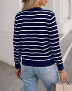 Striped Knit Cardigan with Crewneck and Button Front