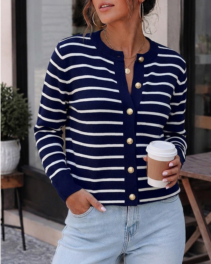 Striped Knit Cardigan with Crewneck and Button Front
