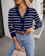 Striped Knit Cardigan with Crewneck and Button Front