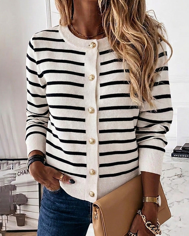 Striped Knit Cardigan with Crewneck and Button Front - Beige