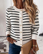 Striped Knit Cardigan with Crewneck and Button Front - Beige