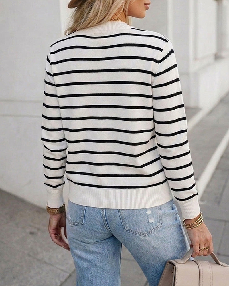 Striped Knit Cardigan with Crewneck and Button Front
