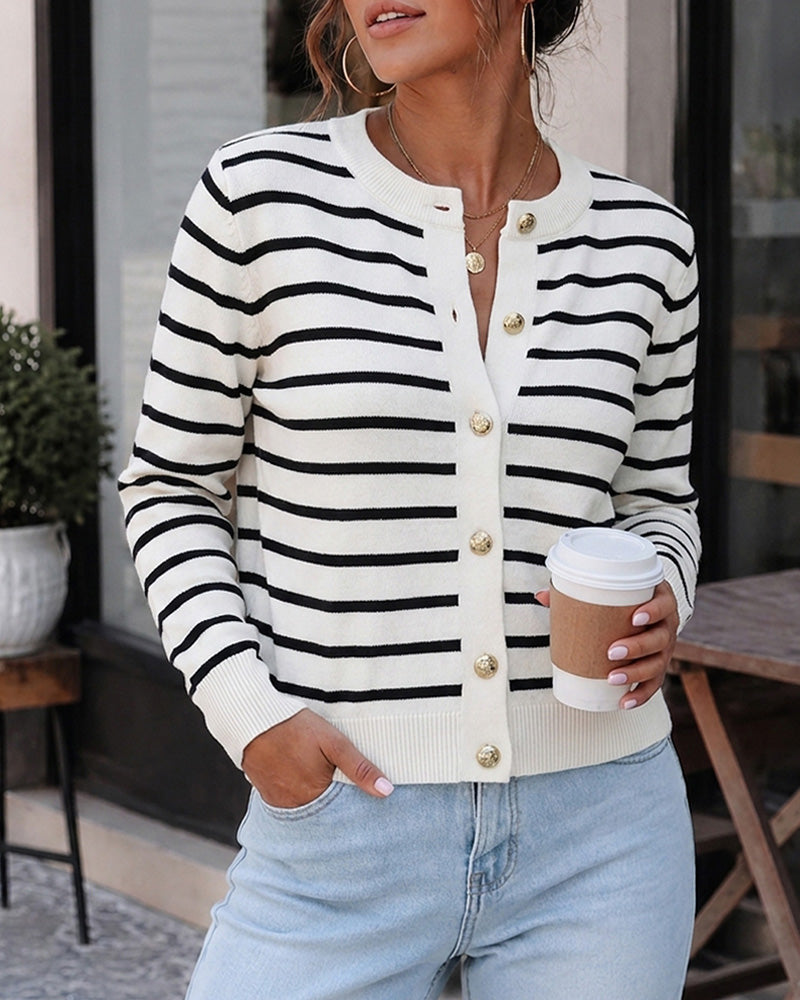 Striped Knit Cardigan with Crewneck and Button Front