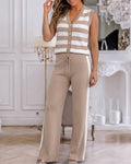 Striped Knit Tank and Side-Stripe Trouser Two-Piece - Khaki