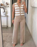 Striped Knit Tank and Side-Stripe Trouser Two-Piece - Khaki
