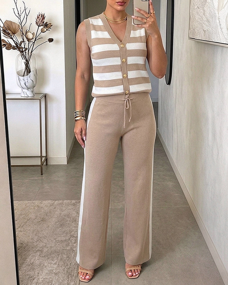 Striped Knit Tank and Side-Stripe Trouser Two-Piece - Khaki