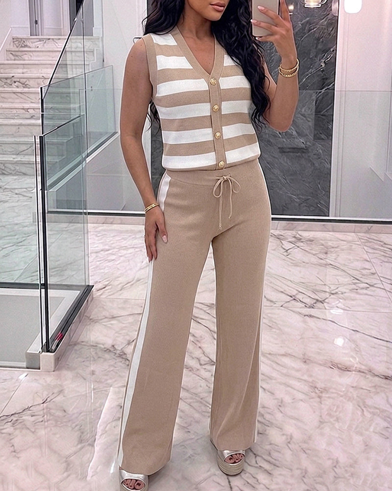 Striped Knit Tank and Side-Stripe Trouser Two-Piece - Khaki
