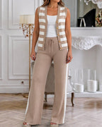 Striped Knit Tank and Side-Stripe Trouser Two-Piece - Khaki
