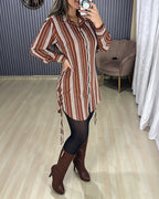 Striped Shirt Dress with Button Front and Shirred Waist - Brown