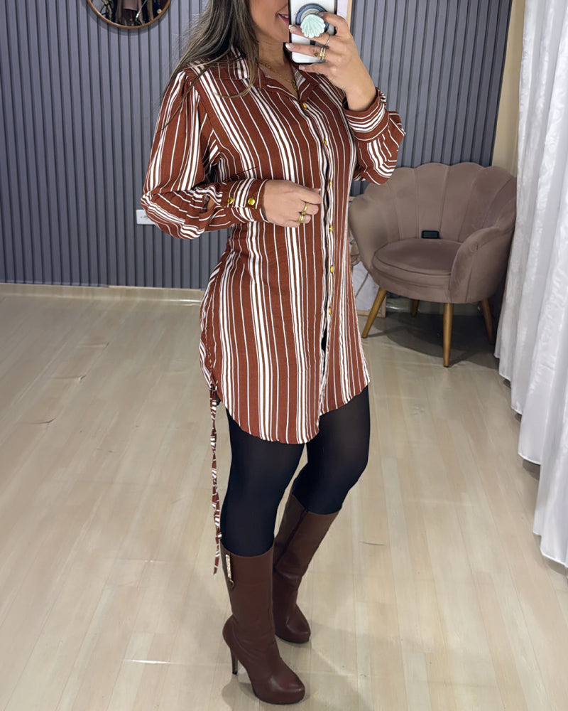 Striped Shirt Dress with Button Front and Shirred Waist