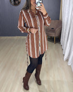 Striped Shirt Dress with Button Front and Shirred Waist