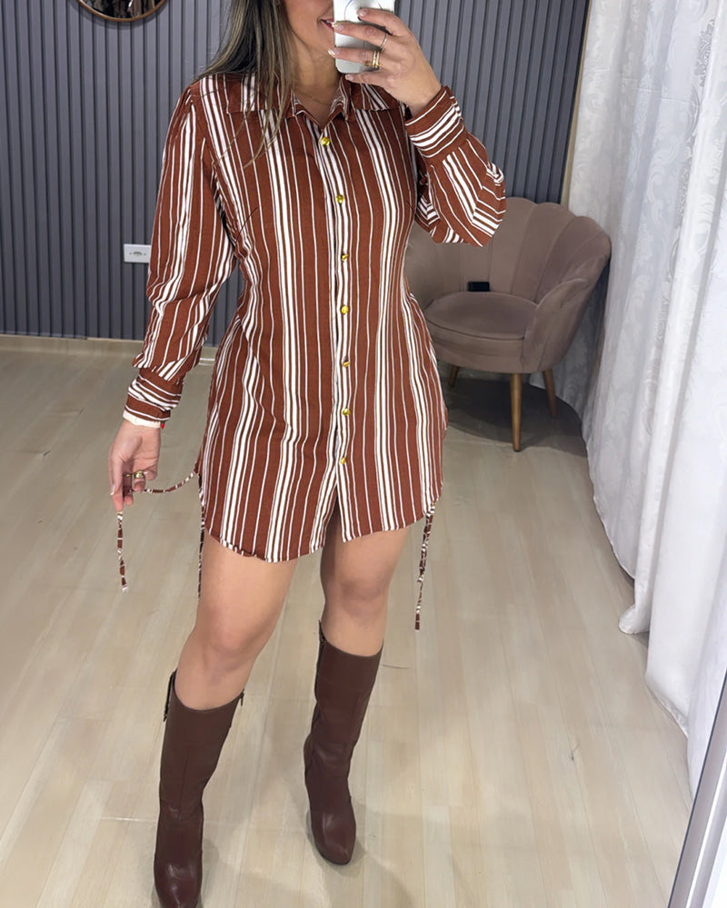 Striped Shirt Dress with Button Front and Shirred Waist