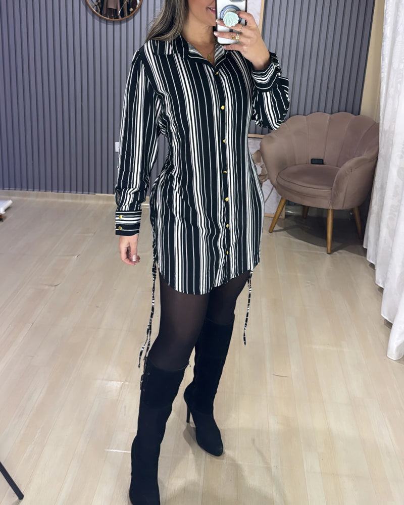 Striped Shirt Dress with Button Front and Shirred Waist - Black