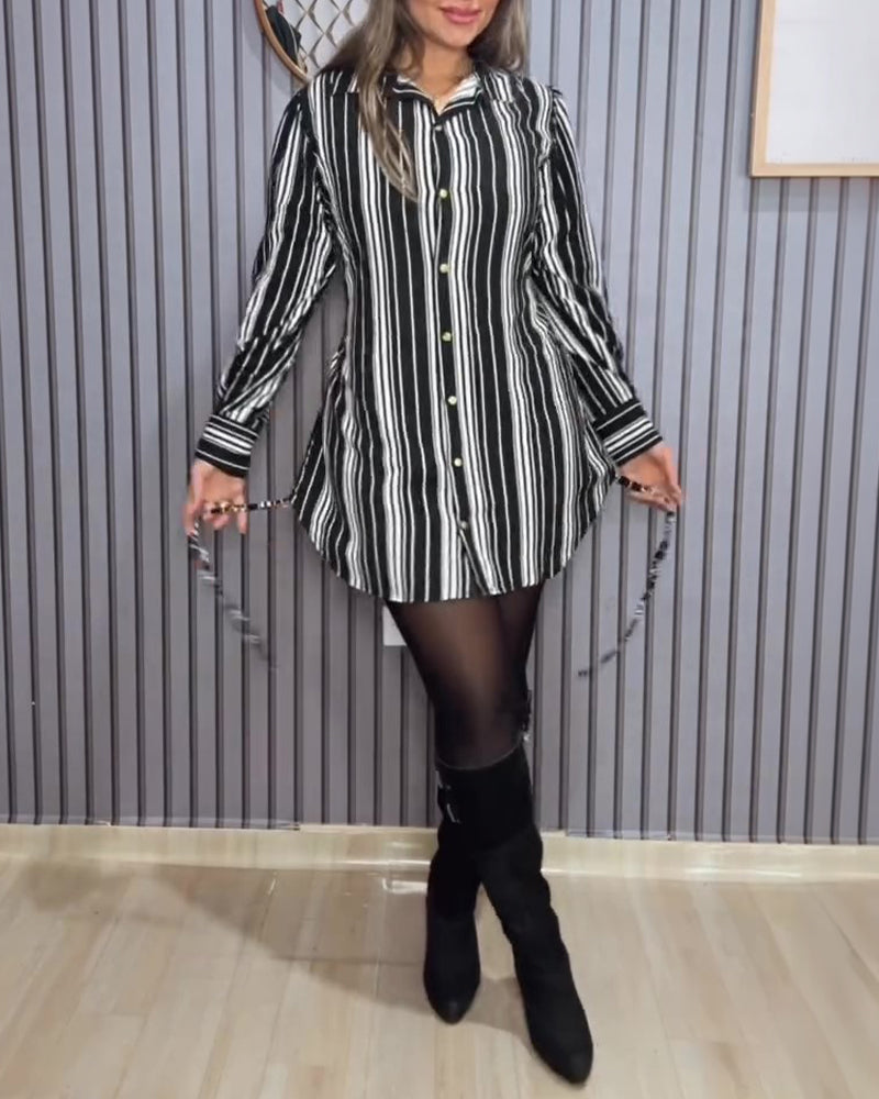 Striped Shirt Dress with Button Front and Shirred Waist