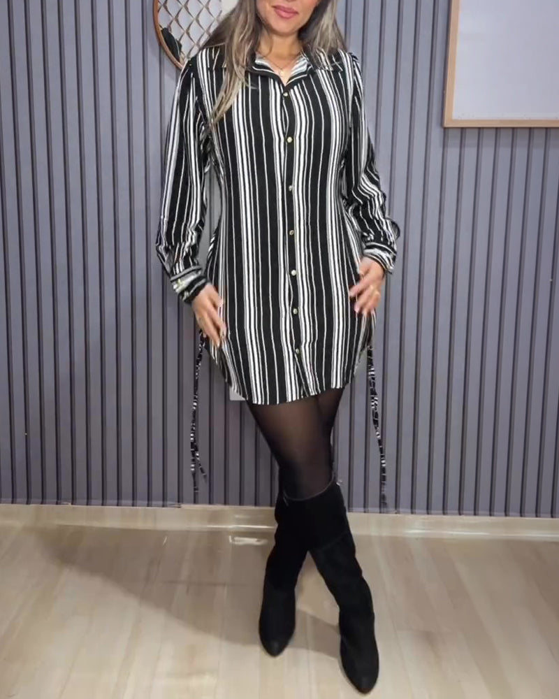 Striped Shirt Dress with Button Front and Shirred Waist