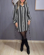 Striped Shirt Dress with Button Front and Shirred Waist