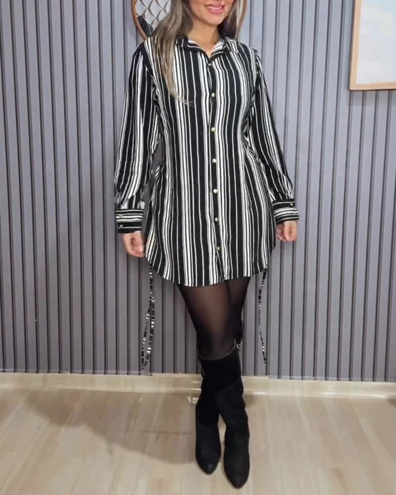 Striped Shirt Dress with Button Front and Shirred Waist