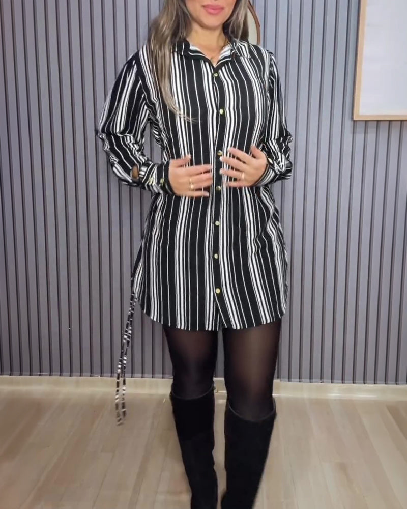 Striped Shirt Dress with Button Front and Shirred Waist