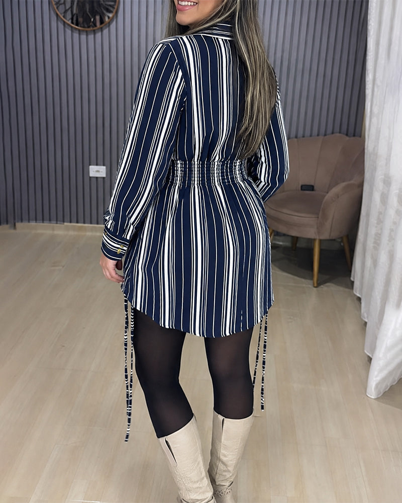 Striped Shirt Dress with Button Front and Shirred Waist
