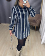 Striped Shirt Dress with Button Front and Shirred Waist