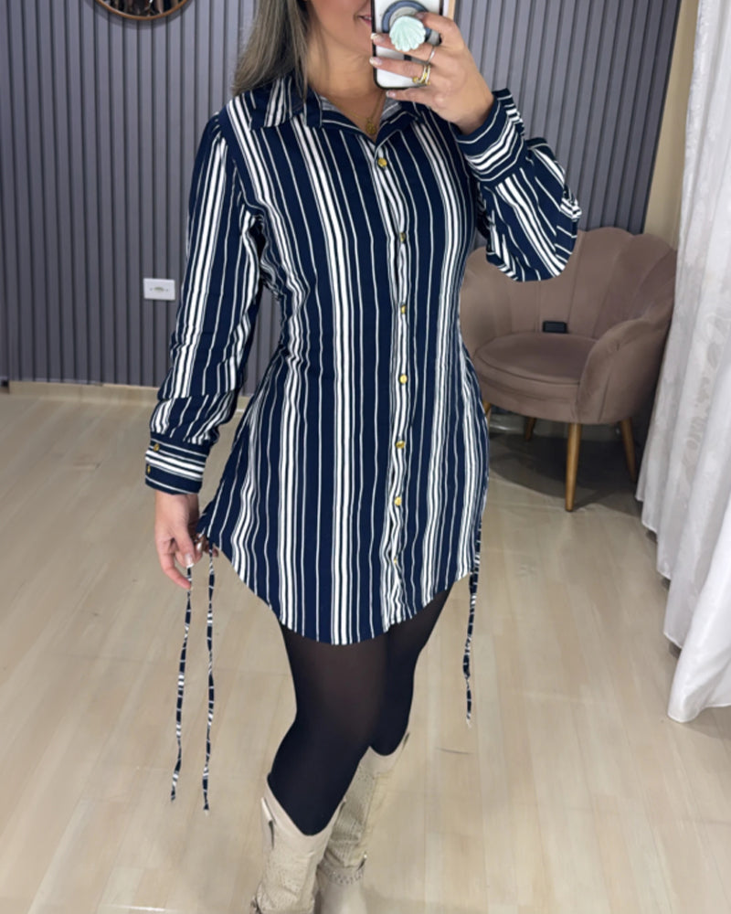 Striped Shirt Dress with Button Front and Shirred Waist
