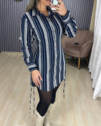 Striped Shirt Dress with Button Front and Shirred Waist