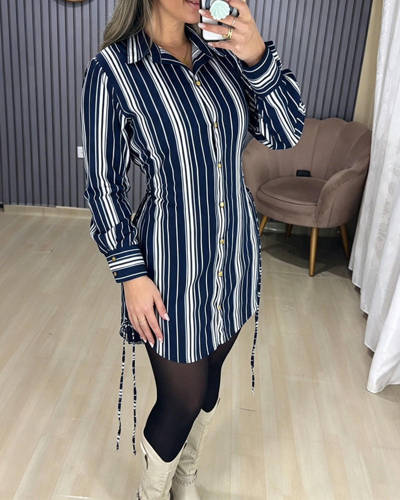 Striped Shirt Dress with Button Front and Shirred Waist
