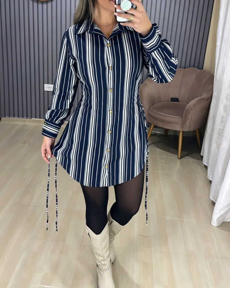 Striped Shirt Dress with Button Front and Shirred Waist