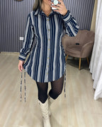 Striped Shirt Dress with Button Front and Shirred Waist