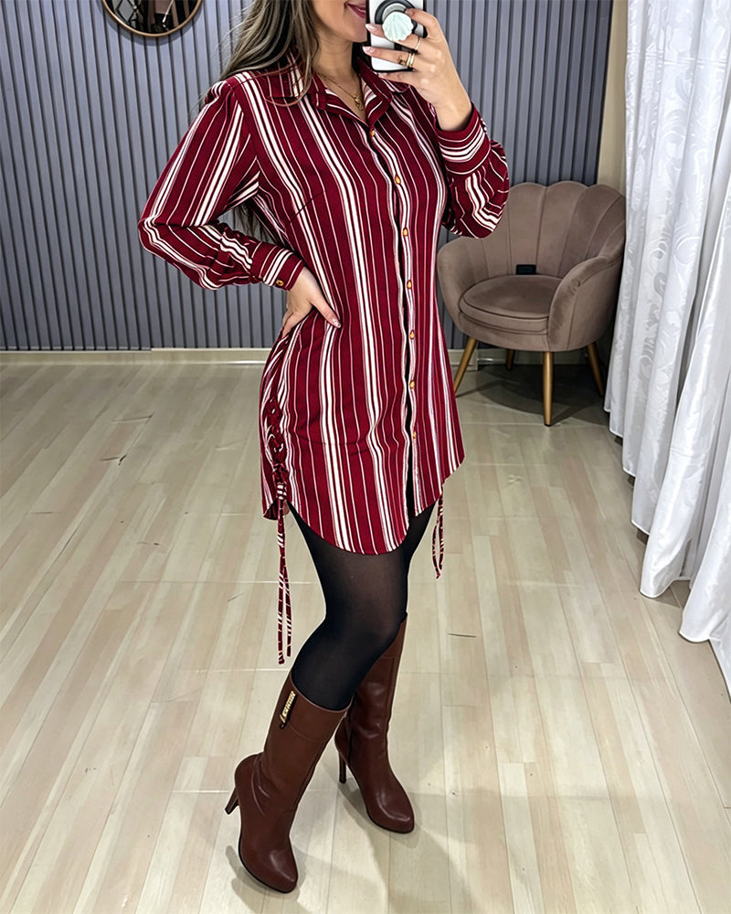 Striped Shirt Dress with Button Front and Shirred Waist - Red