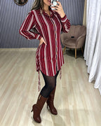 Striped Shirt Dress with Button Front and Shirred Waist - Red