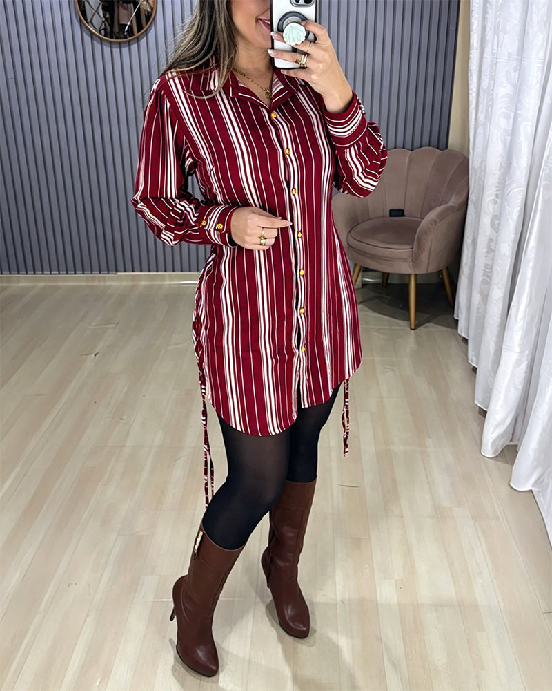 Striped Shirt Dress with Button Front and Shirred Waist
