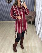 Striped Shirt Dress with Button Front and Shirred Waist