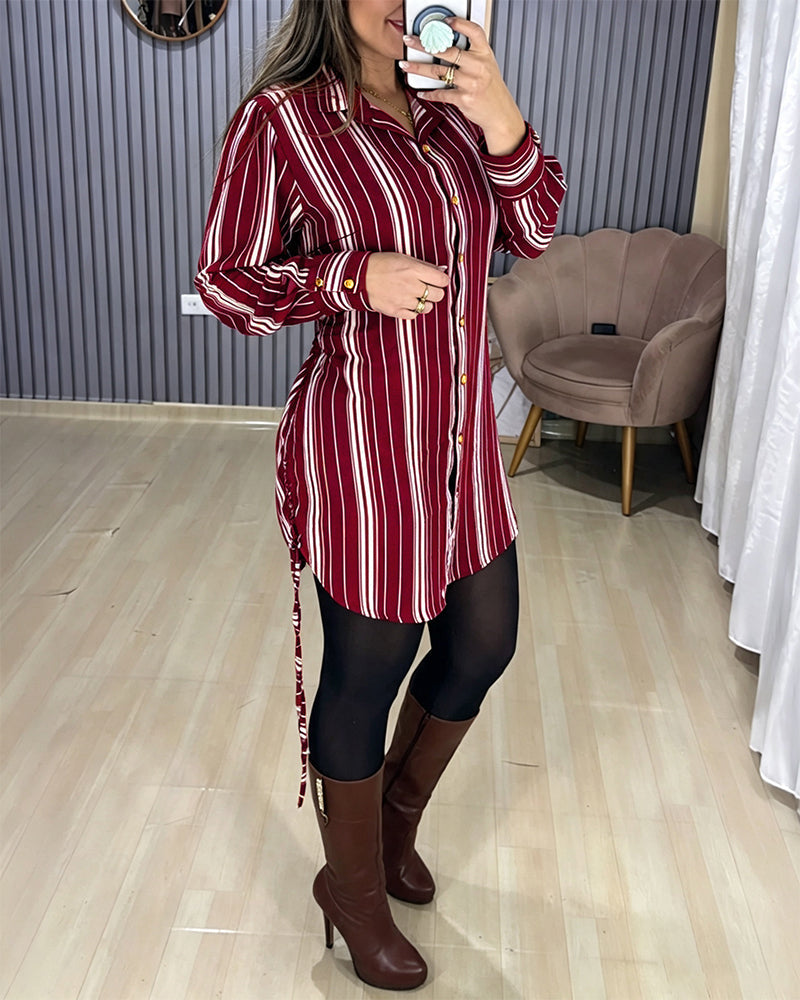Striped Shirt Dress with Button Front and Shirred Waist