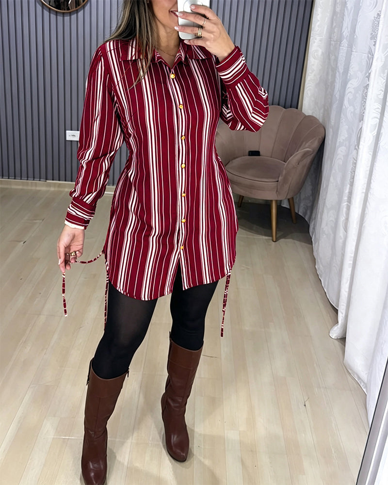 Striped Shirt Dress with Button Front and Shirred Waist