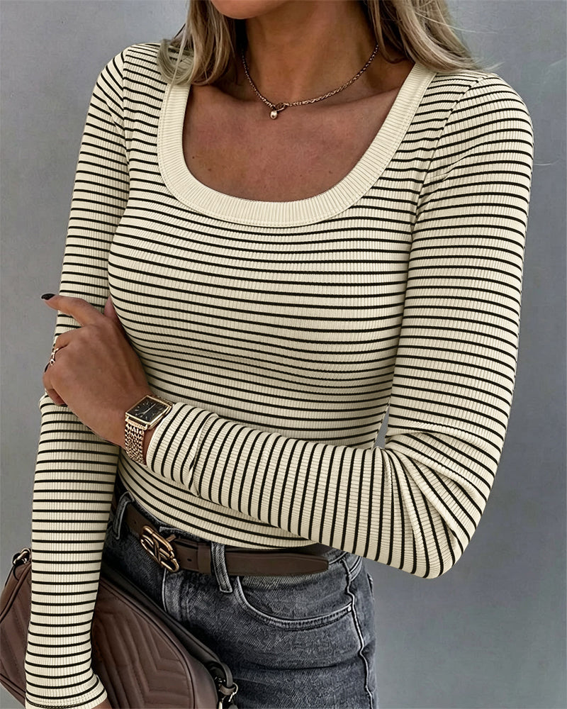 Striped U-Neck Rib-Knit Layering Top with Slim Fit - Apricot