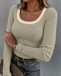 Striped U-Neck Rib-Knit Layering Top with Slim Fit - Apricot