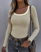 Striped U-Neck Rib-Knit Layering Top with Slim Fit - Apricot